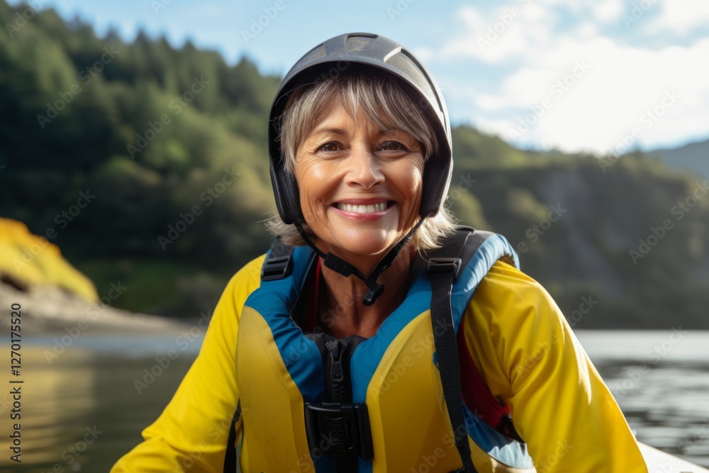 Portrait of happy senior woman in life jacket and helmet standing on river bank Portrait of happy senior woman in life jacket and helmet standing on river bank