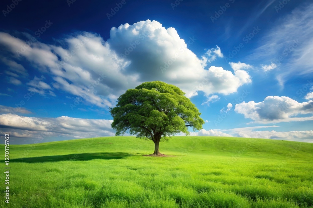 A solitary tree stands proudly amidst a vibrant green field under a vast, bright blue sky adorned with fluffy white clouds, a serene and idyllic pastoral scene. A solitary tree stands proudly amidst a vibrant green field under a vast, bright blue sky adorned with fluffy white clouds, a serene and idyllic pastoral scene.