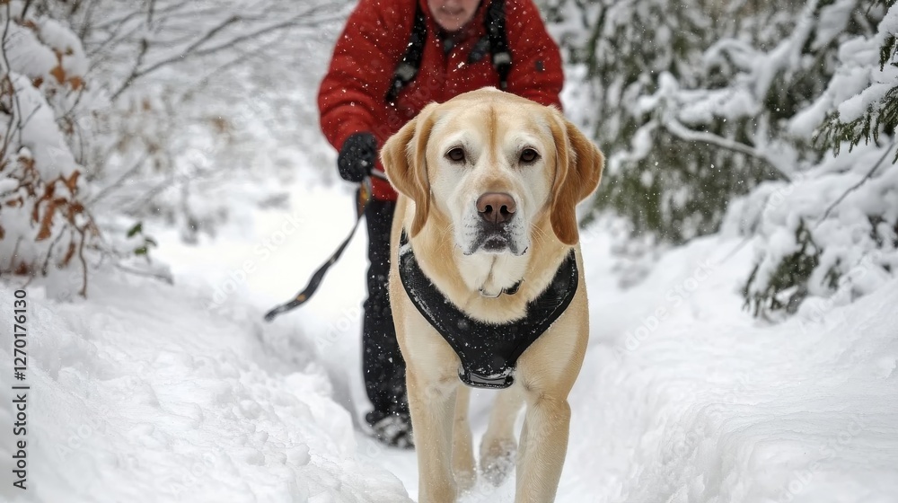 Yellow Labrador Retriever Walking In Winter Snow Yellow Labrador Retriever Walking In Winter Snow