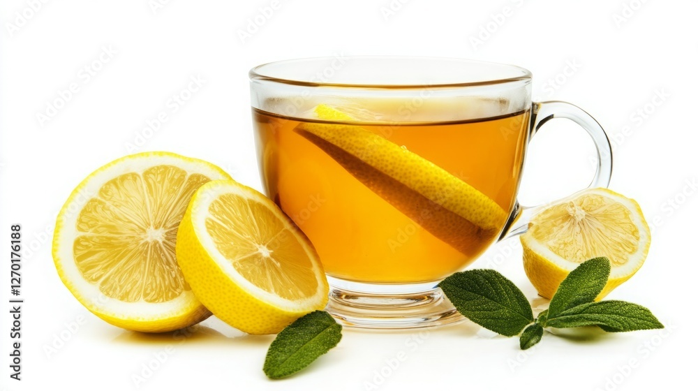A refreshing cup of tea with lemon slices and fresh mint. The warm, golden color of the tea contrasts beautifully with the vibrant yellow of the lemons. A refreshing cup of tea with lemon slices and fresh mint. The warm, golden color of the tea contrasts beautifully with the vibrant yellow of the lemons.