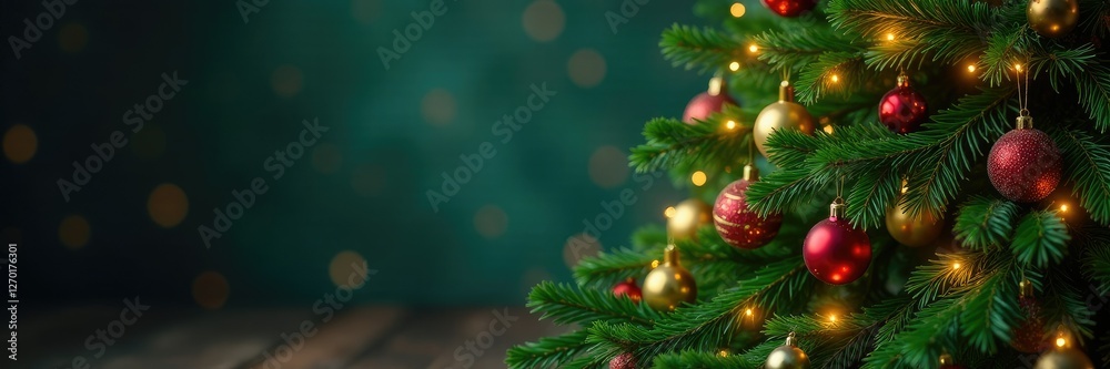 Evergreen Christmas tree with ornaments and lights, festive, merry Evergreen Christmas tree with ornaments and lights, festive, merry