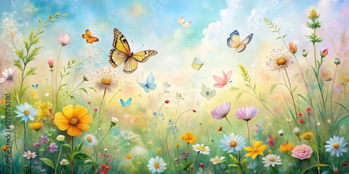 Serene Meadow Landscape Featuring Vibrant Wildflowers and Graceful Butterflies Dancing in a Sunlit Sky