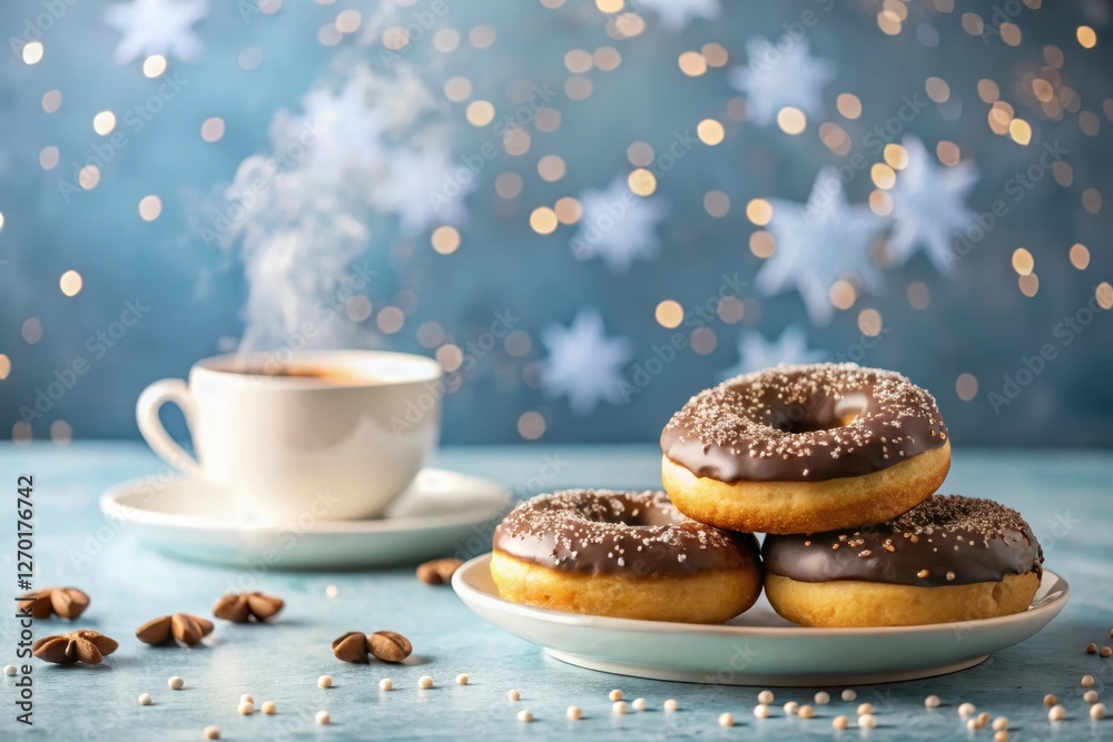A delightful trio of chocolate-glazed donuts sprinkled with sugar, accompanied by a steaming cup of coffee, creates a cozy and inviting atmosphere.