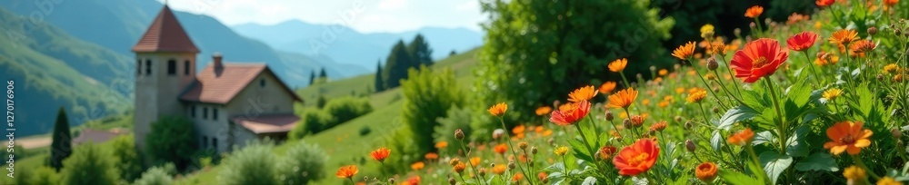 Gr?ne Bohnen und Sonnenblumen bl?hen auf dem roten Ziegel der alten Hausecke, alteh?user, mediterran Gr?ne Bohnen und Sonnenblumen bl?hen auf dem roten Ziegel der alten Hausecke, alteh?user, mediterran