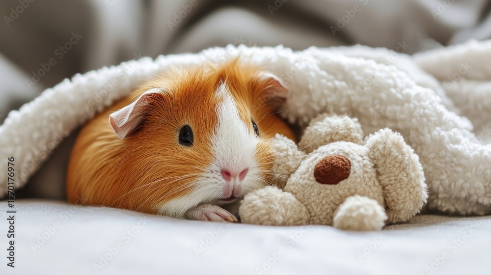 Orange Guinea Pig Snuggles Teddy Bear Under Blanket Orange Guinea Pig Snuggles Teddy Bear Under Blanket