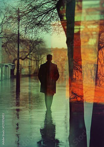 view from back of man walking on the city street wearing coat movement long exposure vintage photograph style urban retro 1960s book cover design backdrop