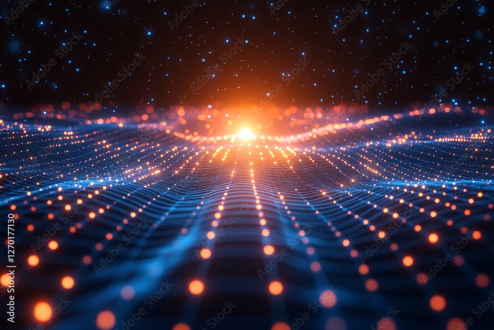 Fototapeta premium Glowing Blue Grid Pattern on Black Background with Central Glow, Creating a Perspective Grid Effect