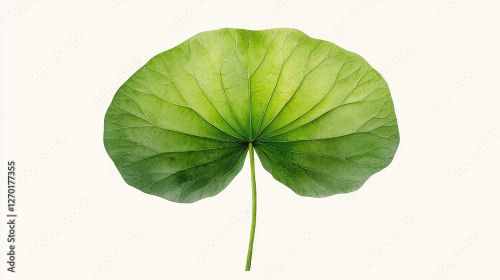 Vibrant green lotus leaf showcasing intricate textures against a neutral background