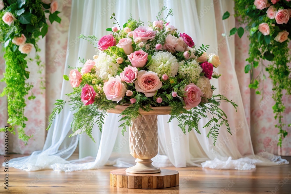 Elegant Pink and White Floral Arrangement on Ornate Pedestal Elegant Pink and White Floral Arrangement on Ornate Pedestal