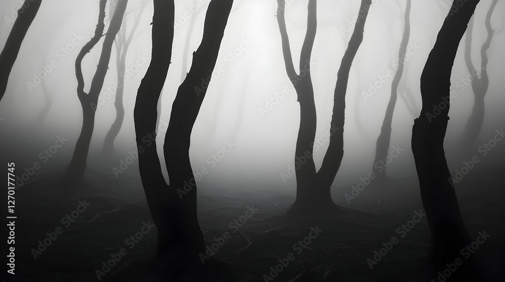 Naklejka premium Foggy forest, dark trees, mystical atmosphere, background design