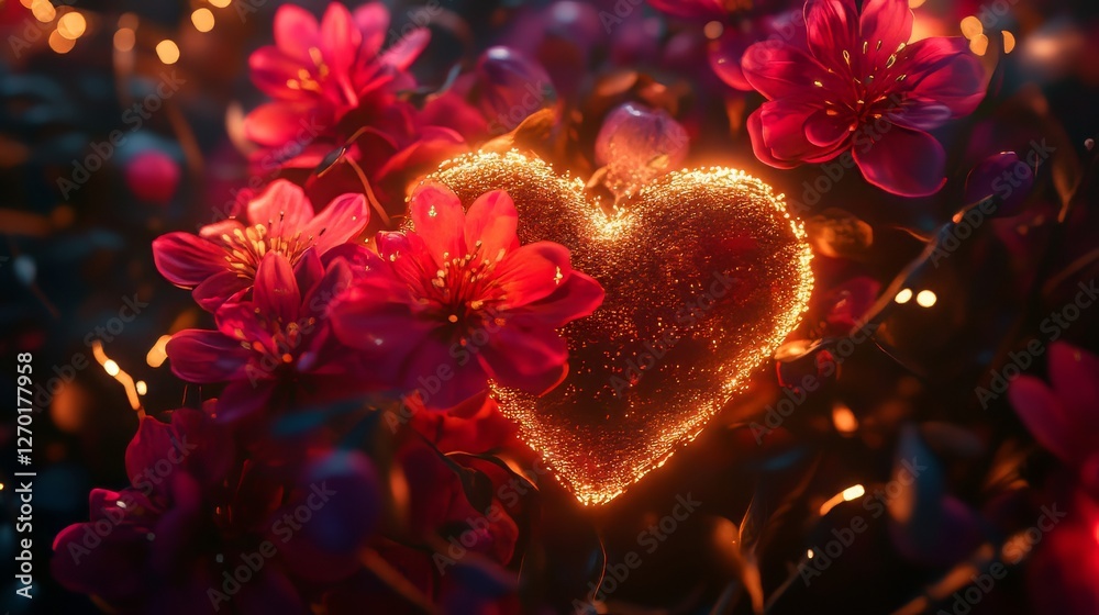 Fototapeta premium Glowing heart surrounded by red flowers.