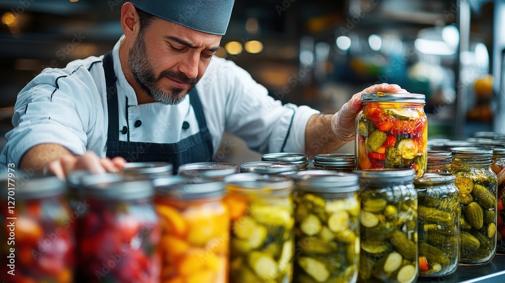 Fototapeta premium A chef placing freshly prepared pickles into a glass jar, capturing the process of fermentation