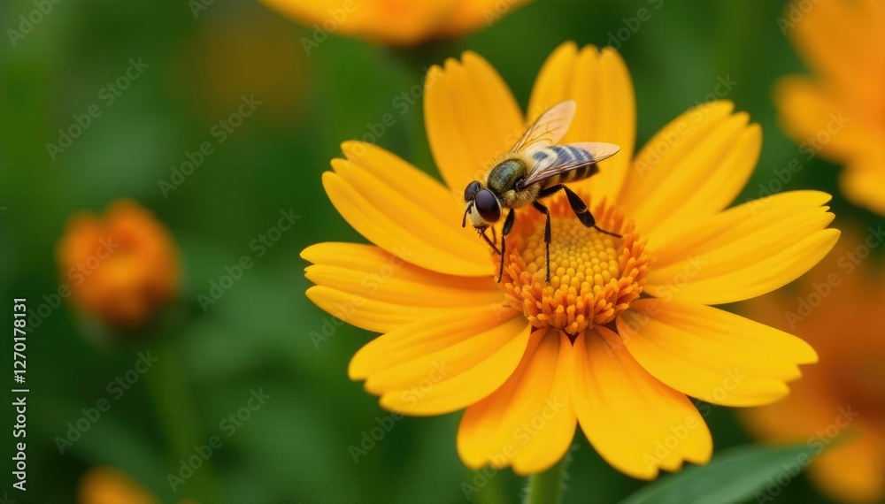 Hoverfly with fuzzy body resting on large bright orange wildflowers, pollinator, flowers Hoverfly with fuzzy body resting on large bright orange wildflowers, pollinator, flowers