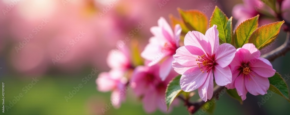 Pink cherry blossoms with some green leaves surrounding them, garden, blossoms