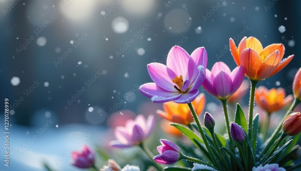 Fototapeta premium Purple and orange flowers swaying gently in the wind amidst falling snowflakes, frozen, garden, purple