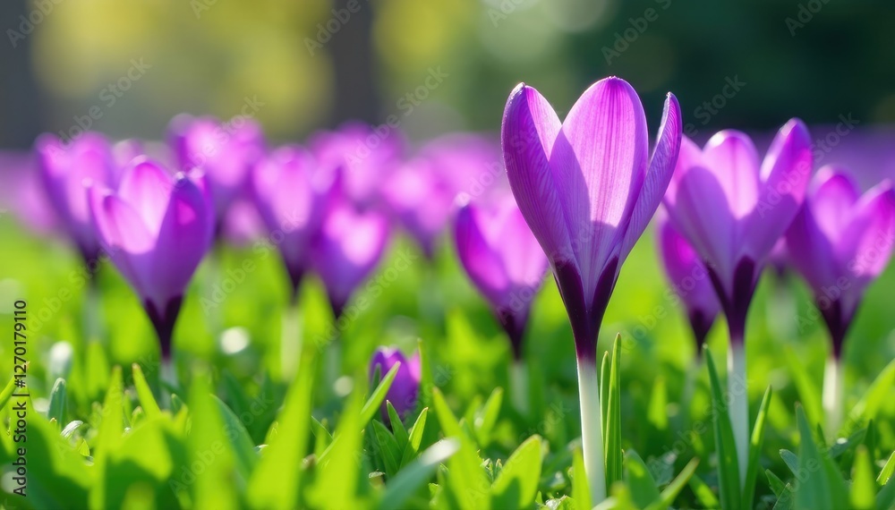 Purple crocus flowers in full bloom amidst green grass, garden, crocus Purple crocus flowers in full bloom amidst green grass, garden, crocus