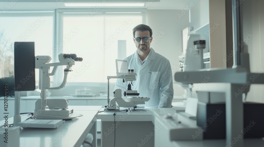 Serious ophthalmologist with trial frame in modern eye clinic for vision check Serious ophthalmologist with trial frame in modern eye clinic for vision check