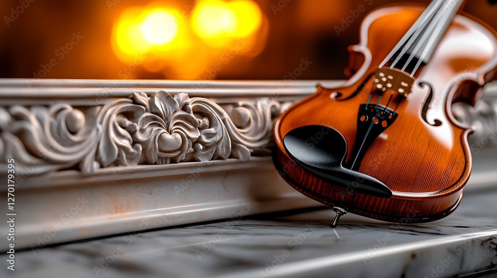 Obraz premium Classical Violin Resting on Ornate Marble Carving with Warm Golden Bokeh Background