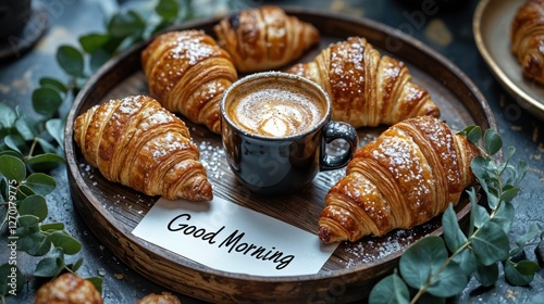 Golden croissants sit invitingly on a rustic wooden platter beside a steaming cup of aromatic coffee, accented by vibrant greenery and a cheerful greeting.