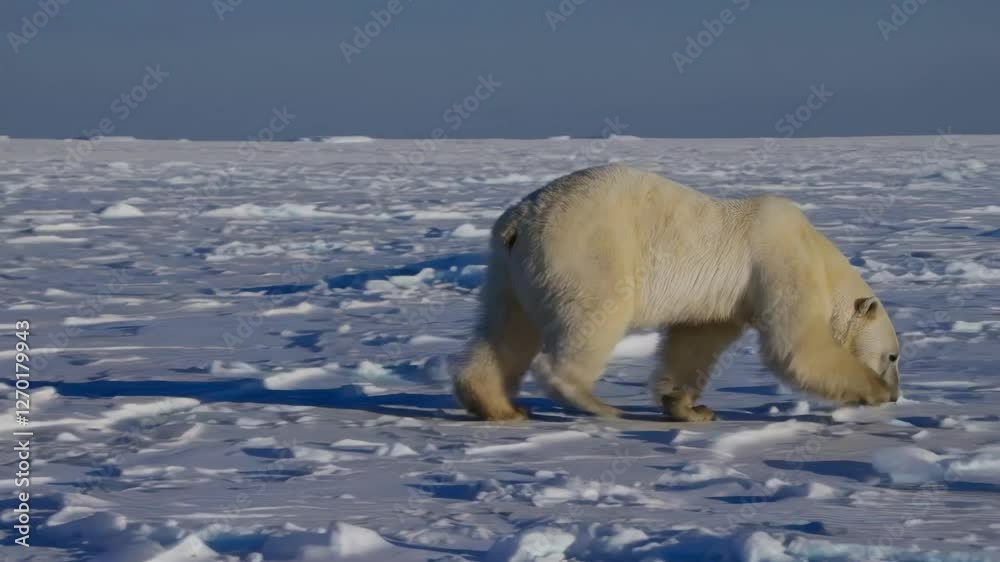 A wide-angle video captures a polar bear walking across a vast, icy landscape with distant icebergs, emphasizing the harsh Arctic environment. A wide-angle video captures a polar bear walking across a vast, icy landscape with distant icebergs, emphasizing the harsh Arctic environment.