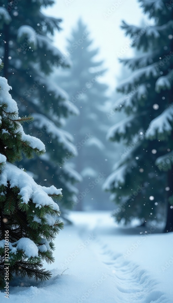 Fototapeta premium Snowflakes gently falling amidst coniferous trees in cold winter air, forest, calm, evergreen