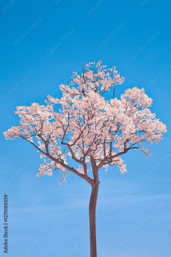 Infrared photography, a single tree with a trunk that appears dark brown and branches that are adorned with light pink blossoms Infrared photography, a single tree with a trunk that appears dark brown and branches that are adorned with light pink blossoms