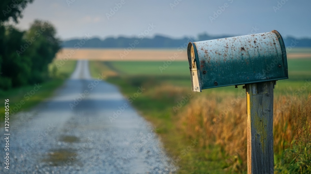A weathered mailbox stands by a rural road, bathed in the soft light of dawn. The scene evokes a sense of tranquility and quiet countryside life. A weathered mailbox stands by a rural road, bathed in the soft light of dawn. The scene evokes a sense of tranquility and quiet countryside life.