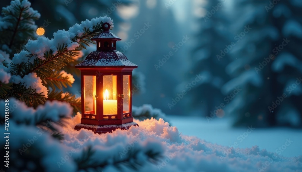 Softly glowing lantern atop snow-covered pine tree, festive, sparkle Softly glowing lantern atop snow-covered pine tree, festive, sparkle