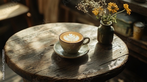 A Latte Art Coffee On Rustic Wooden Tabletop photo