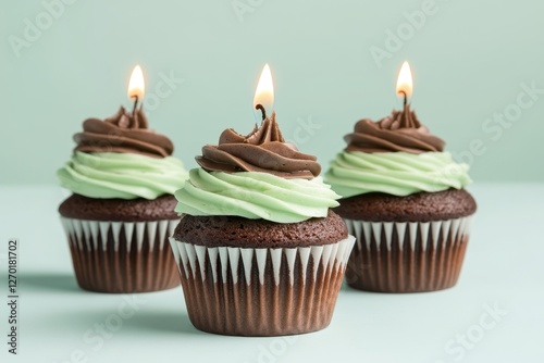Delicious Chocolate Mint Cupcakes with Candles on a Light Background for Celebration Moments
