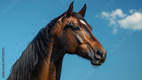 A calm expression standing against a clear blue sky, emphasizing the strength and beauty of equestrian animals