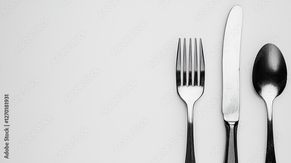 Elegant arrangement of a knife, fork, and spoon on a minimalist white background Elegant arrangement of a knife, fork, and spoon on a minimalist white background