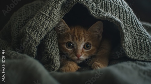 Ginger Kitten Hiding Underneath Cozy Knitted Blanket