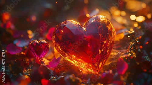 Sparkling heart-shaped gems with rose petals