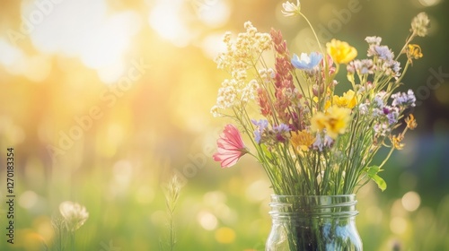 Vibrant wildflowers in a glass jar, bathed in the warm glow of the setting sun. A beautiful summer bouquet.