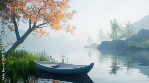 Serene Lakeside Boat Scene With Blooming Tree