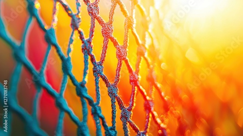 Close-Up View of a Basketball Net Illuminated by the Shining Sun Amidst a Vibrant Background