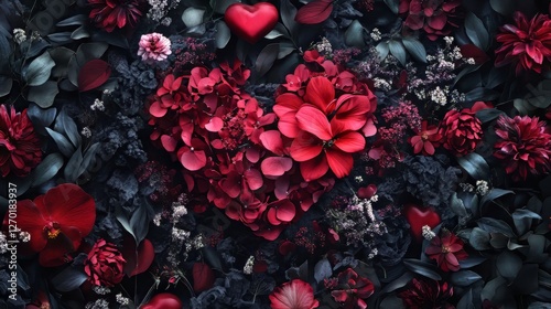 Heart shaped floral arrangement of dark reds
