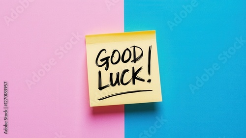 Yellow sticky note with good luck message on colorful background