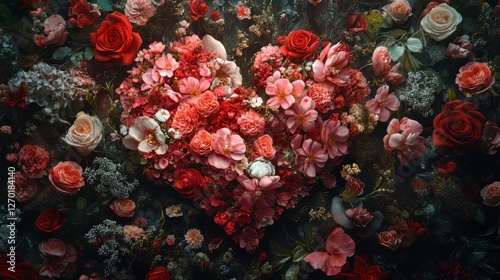 Floral heart composed of roses and flowers