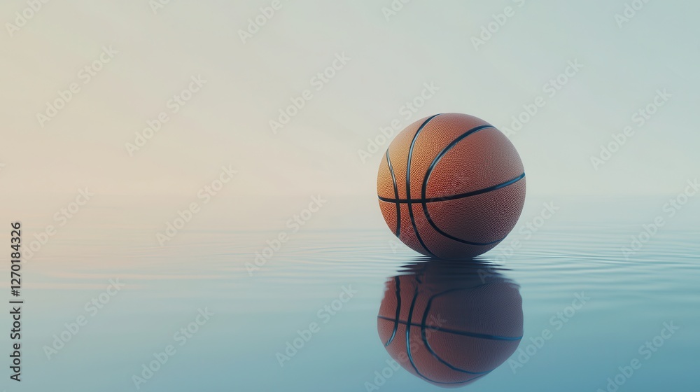 Isolated basketball bouncing on smooth reflective surface creating calm serene atmosphere Isolated basketball bouncing on smooth reflective surface creating calm serene atmosphere