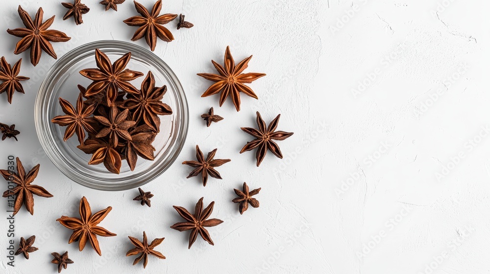 Star Anise Spice Arrangement in Glass Bowl with Dried Flowers on White Background Star Anise Spice Arrangement in Glass Bowl with Dried Flowers on White Background