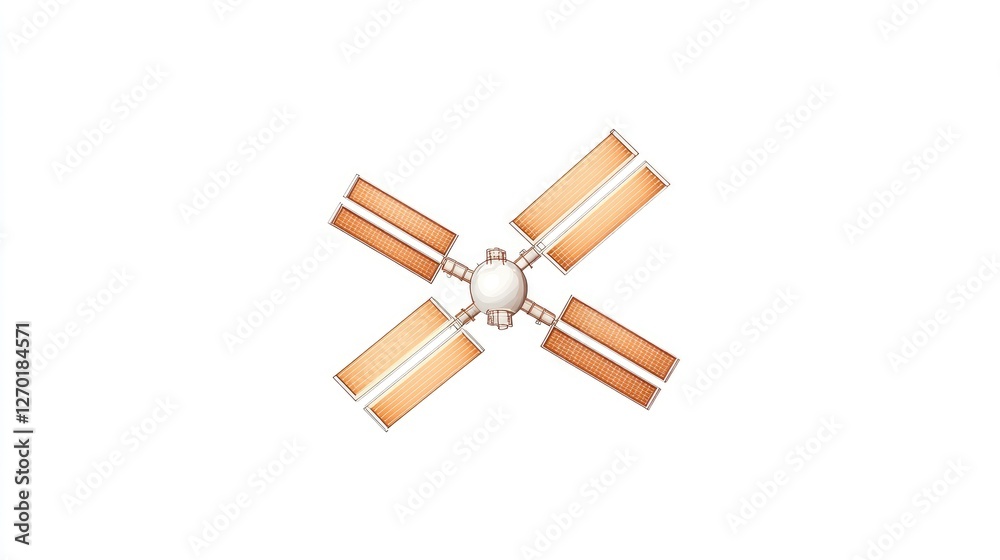 Illustration of a spacecraft with solar panels in a minimalist design against a white background Illustration of a spacecraft with solar panels in a minimalist design against a white background
