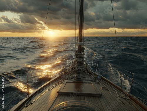 scenic view of sailboat with wooden deck and mast with rope floating on rippling dark sea against cloudy sunset sky - ai