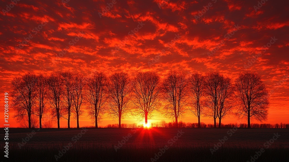 Obraz premium Sunset over a row of trees silhouetted against a vibrant red sky, creating a serene landscape