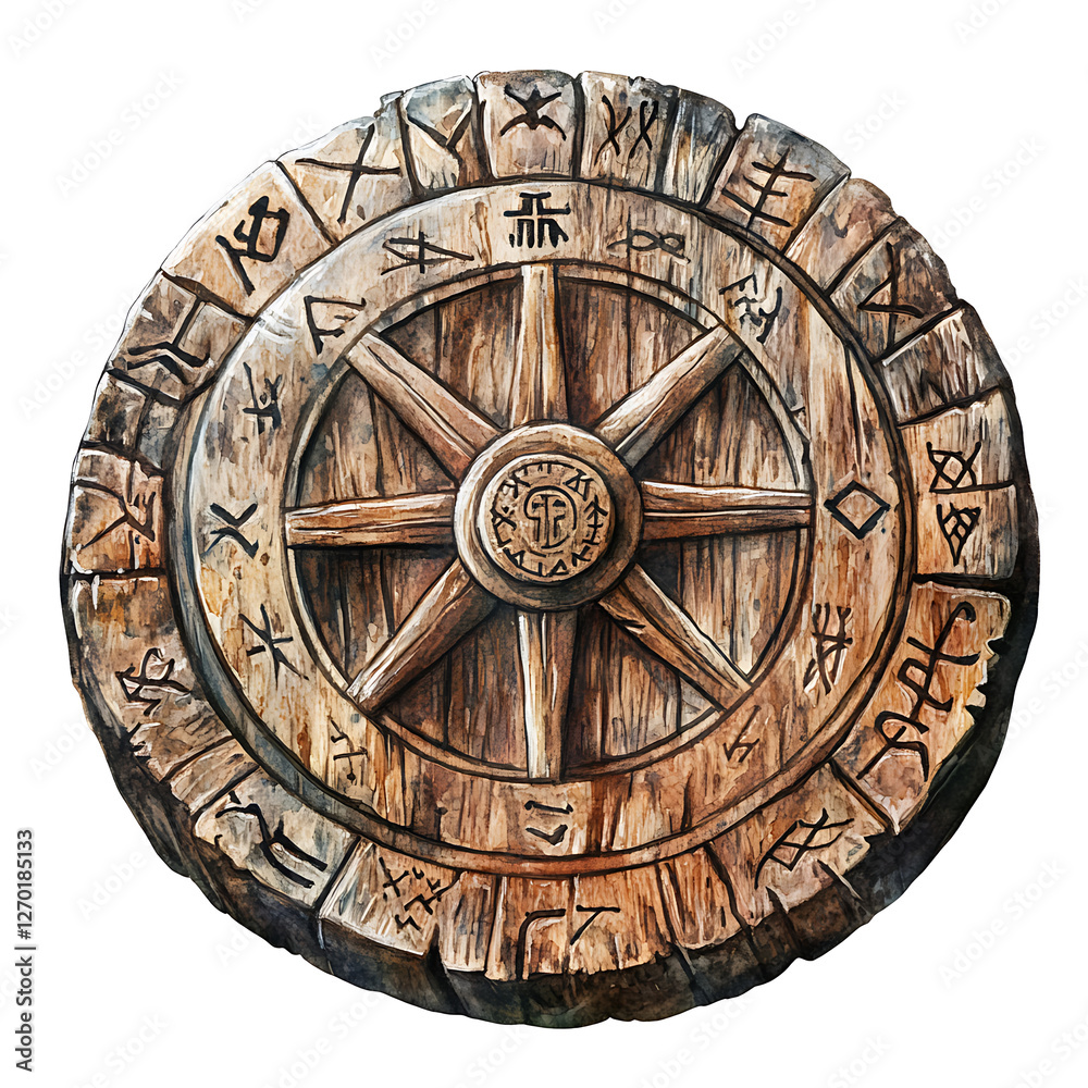 Ancient Wooden Wheel with Runes and Mystical Symbols Ancient Wooden Wheel with Runes and Mystical Symbols
