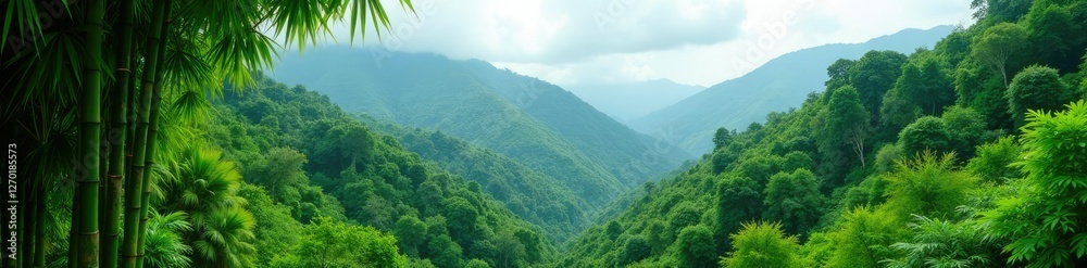 Hillside covered in bamboo and other tropical plants, tropical, nature Hillside covered in bamboo and other tropical plants, tropical, nature