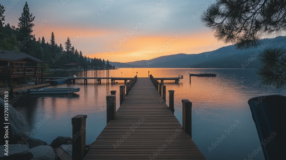 Obraz premium Tranquil sunset over a serene lake, with a wooden dock extending towards the horizon. Boats gently rest on the calm water, as the sky blazes with warm colors.