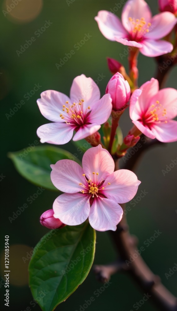 Pink blossoms nestled among green leaves and twigs, natural elements, earthy tone Pink blossoms nestled among green leaves and twigs, natural elements, earthy tone