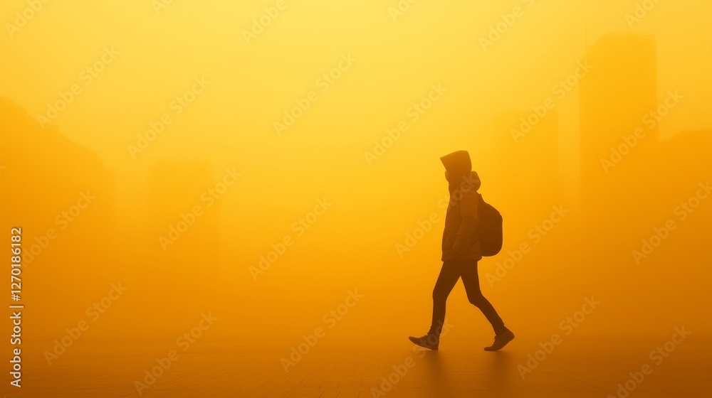 Mysterious figure walking alone through a dense foggy landscape, serene and atmospheric journey Mysterious figure walking alone through a dense foggy landscape, serene and atmospheric journey
